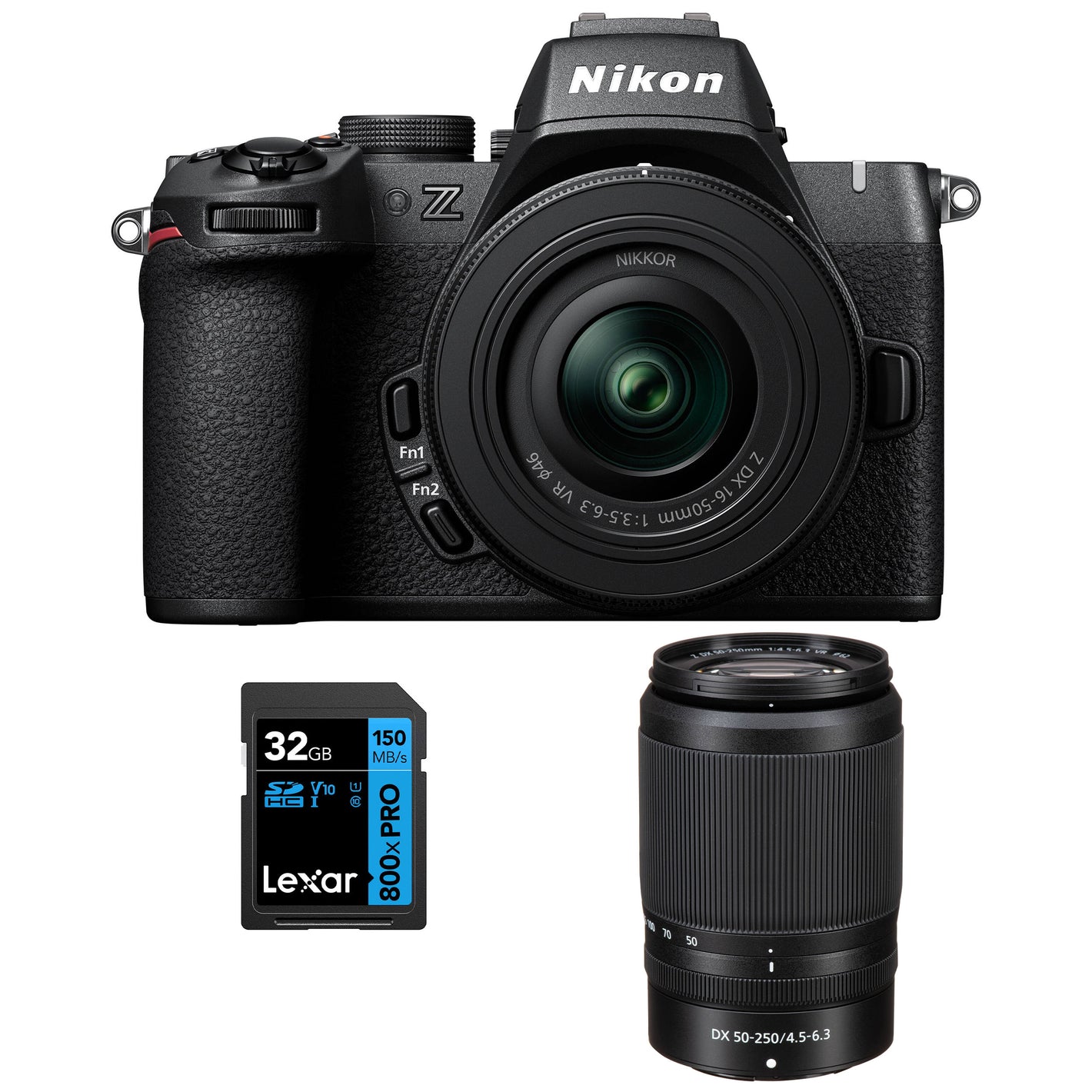 Nikon Z50 II mirrorless camera kit in black featuring two NIKKOR Z lenses (16–50 mm and 50–250 mm), with 3.2″ tilting touchscreen, built-in electronic viewfinder, and ergonomic textured grip.