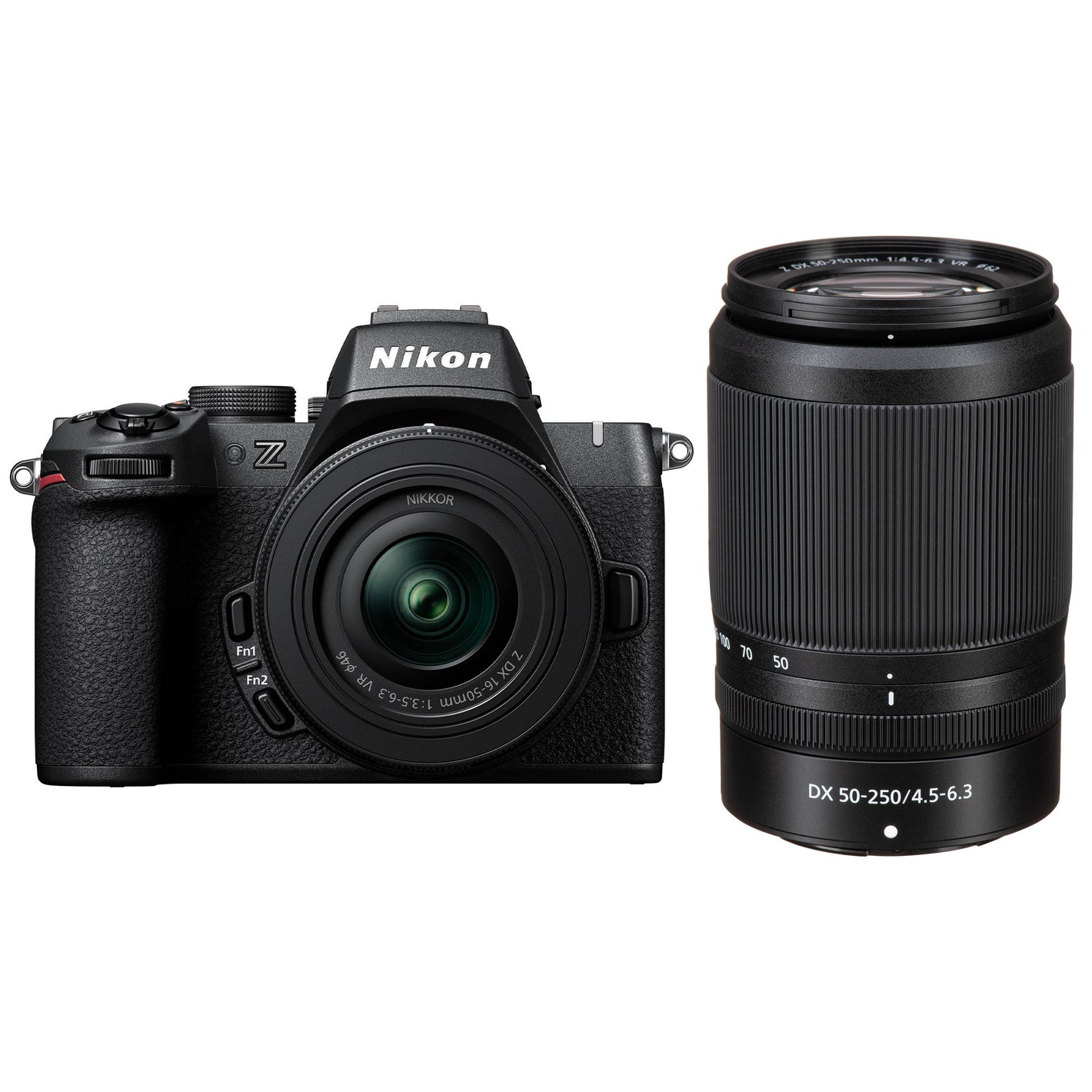 Nikon Z50 II mirrorless camera kit in black featuring two NIKKOR Z lenses (16–50 mm and 50–250 mm), with 3.2″ tilting touchscreen, built-in electronic viewfinder, and ergonomic textured grip.