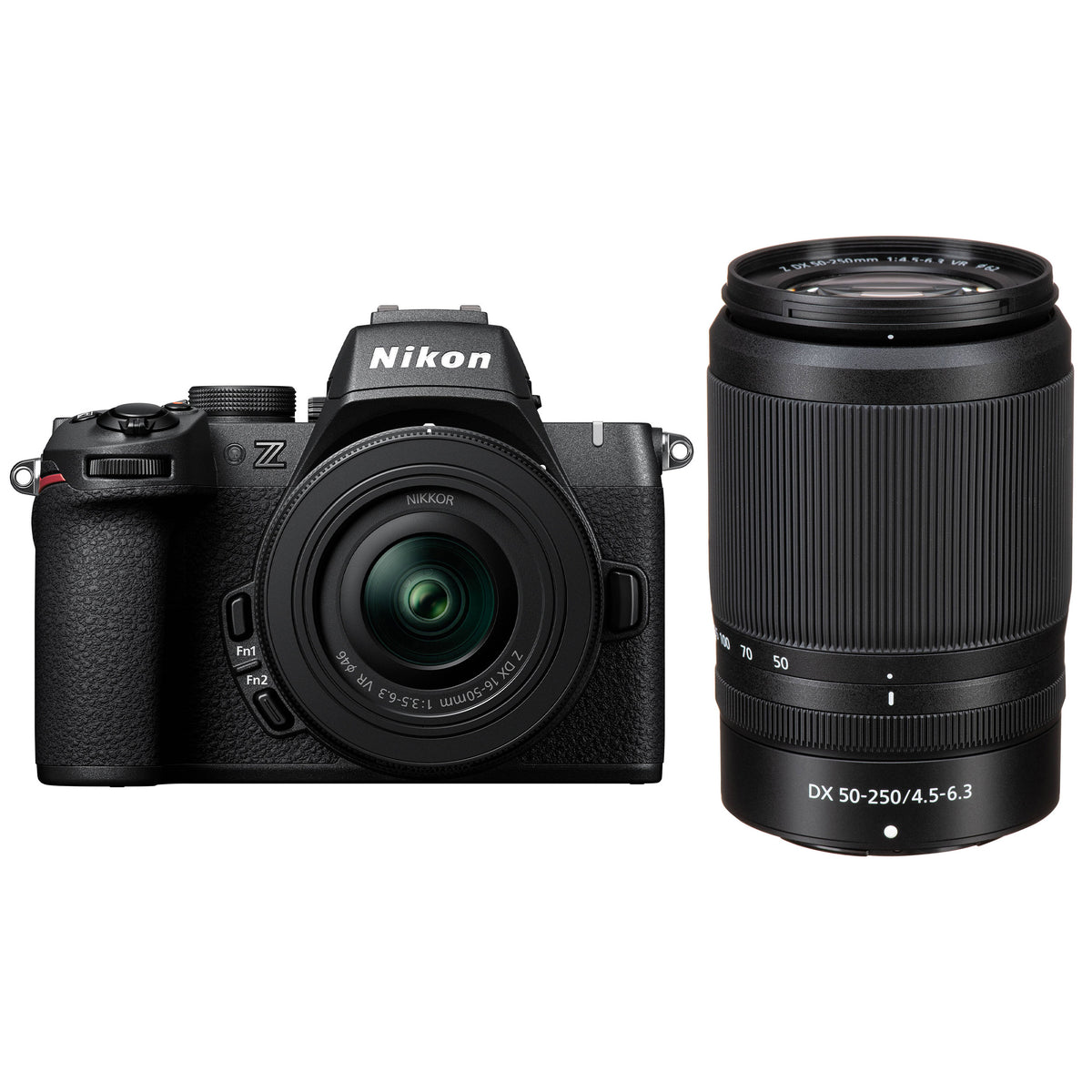 Nikon Z50 II mirrorless camera kit in black featuring two NIKKOR Z lenses (16–50 mm and 50–250 mm), with 3.2″ tilting touchscreen, built-in electronic viewfinder, and ergonomic textured grip.
