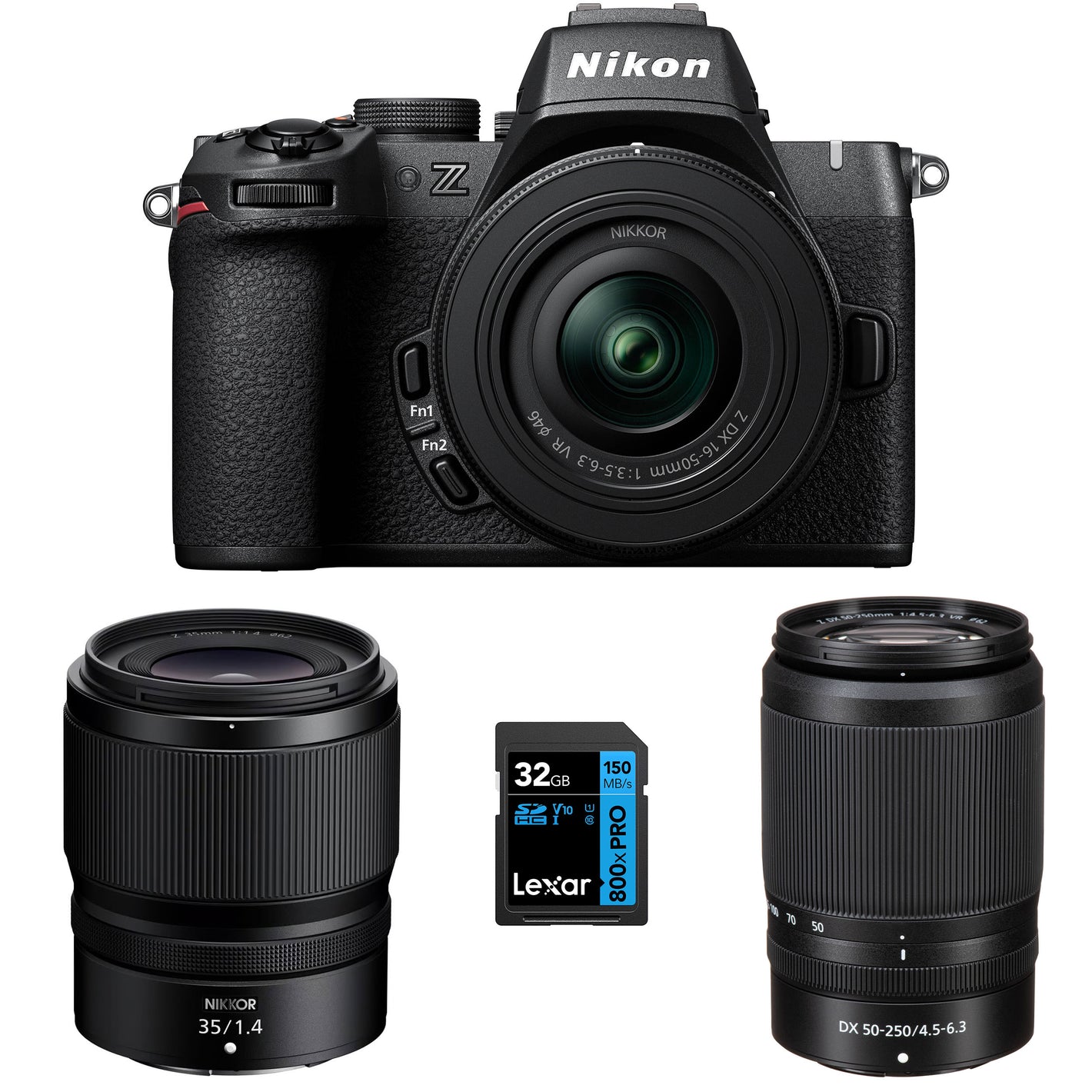 Nikon Z50 II mirrorless camera kit in black with three attached NIKKOR Z lenses (16–50 mm, 50–250 mm, and 35 mm prime), featuring a 3.2‑inch tilting touchscreen, built-in electronic viewfinder, and ergonomic textured grip.