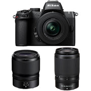 Nikon Z50 II mirrorless camera kit in black with three attached NIKKOR Z lenses (16–50 mm, 50–250 mm, and 35 mm prime), featuring a 3.2‑inch tilting touchscreen, built-in electronic viewfinder, and ergonomic textured grip.