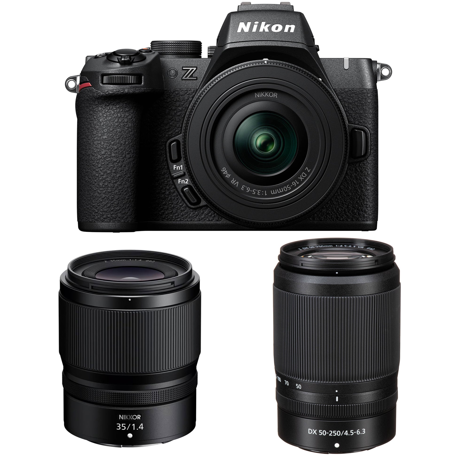 Nikon Z50 II mirrorless camera kit in black with three attached NIKKOR Z lenses (16–50 mm, 50–250 mm, and 35 mm prime), featuring a 3.2‑inch tilting touchscreen, built-in electronic viewfinder, and ergonomic textured grip.