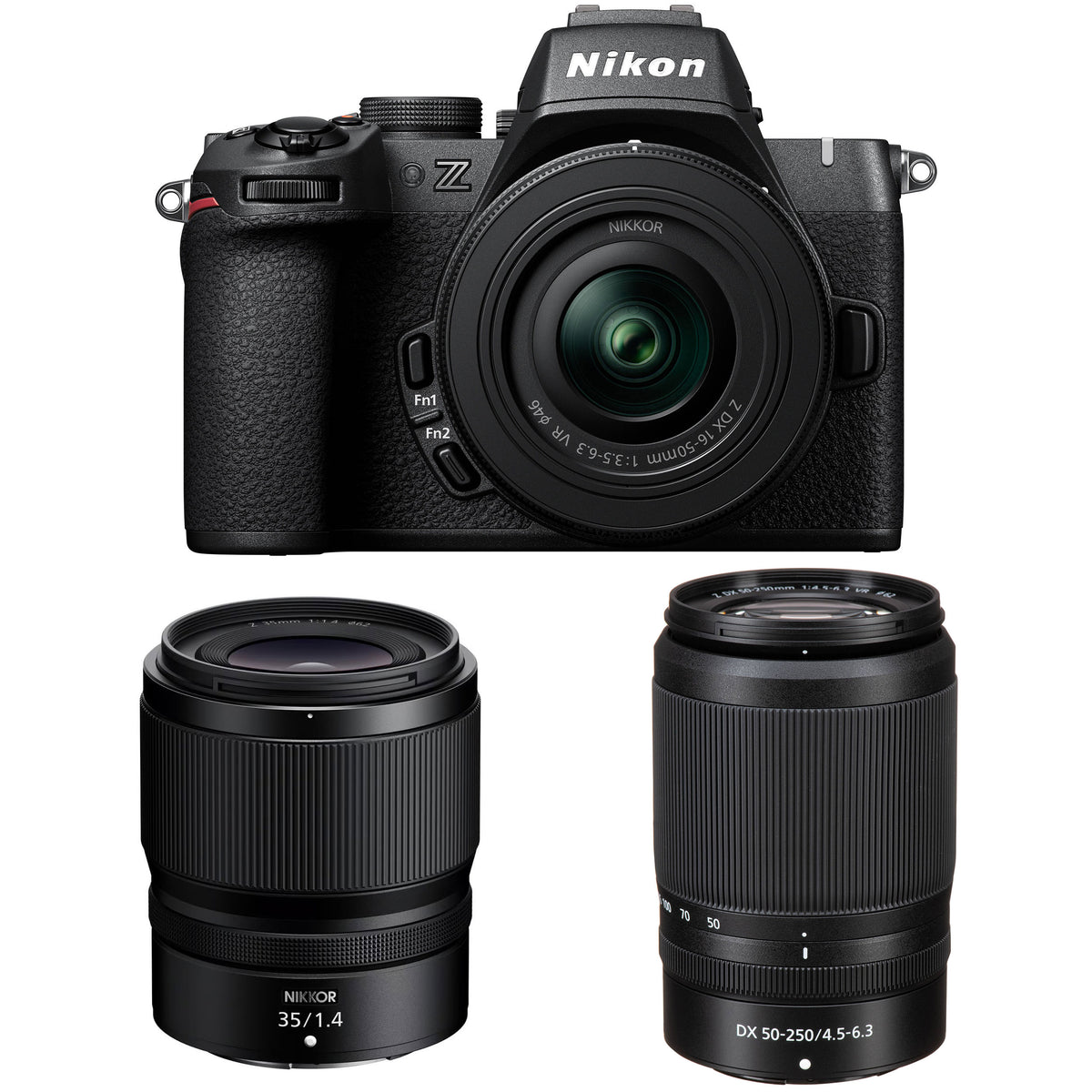 Nikon Z50 II mirrorless camera kit in black with three attached NIKKOR Z lenses (16–50 mm, 50–250 mm, and 35 mm prime), featuring a 3.2‑inch tilting touchscreen, built-in electronic viewfinder, and ergonomic textured grip.