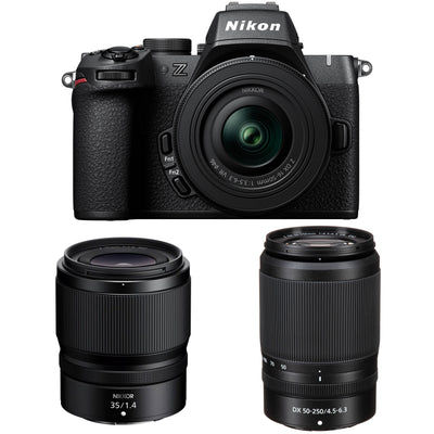 Nikon Z50 II mirrorless camera kit in black with three attached NIKKOR Z lenses (16–50 mm, 50–250 mm, and 35 mm prime), featuring a 3.2‑inch tilting touchscreen, built-in electronic viewfinder, and ergonomic textured grip.