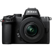Nikon Z50 II mirrorless camera kit in black with 16–50 mm lens attached, featuring a 3.2‑inch tilting touchscreen, built-in electronic viewfinder, textured ergonomic grip, and compact APS‑C mirrorless design.
