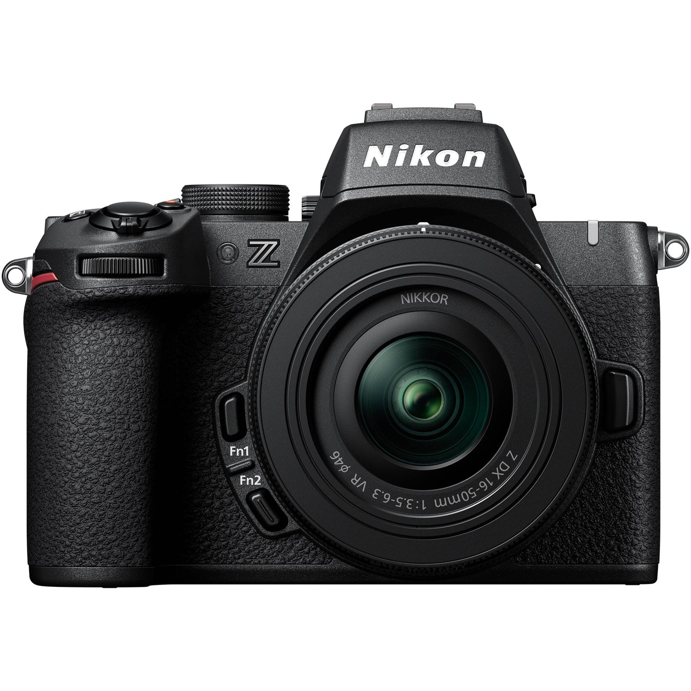 Nikon Z50 II mirrorless camera kit in black featuring two NIKKOR Z lenses (16–50 mm and 50–250 mm), with 3.2″ tilting touchscreen, built-in electronic viewfinder, and ergonomic textured grip.