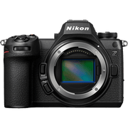 Nikon Z-series mirrorless camera body in black, shown from the front with the lens removed, revealing the sensor and silver lens mount against a white background.