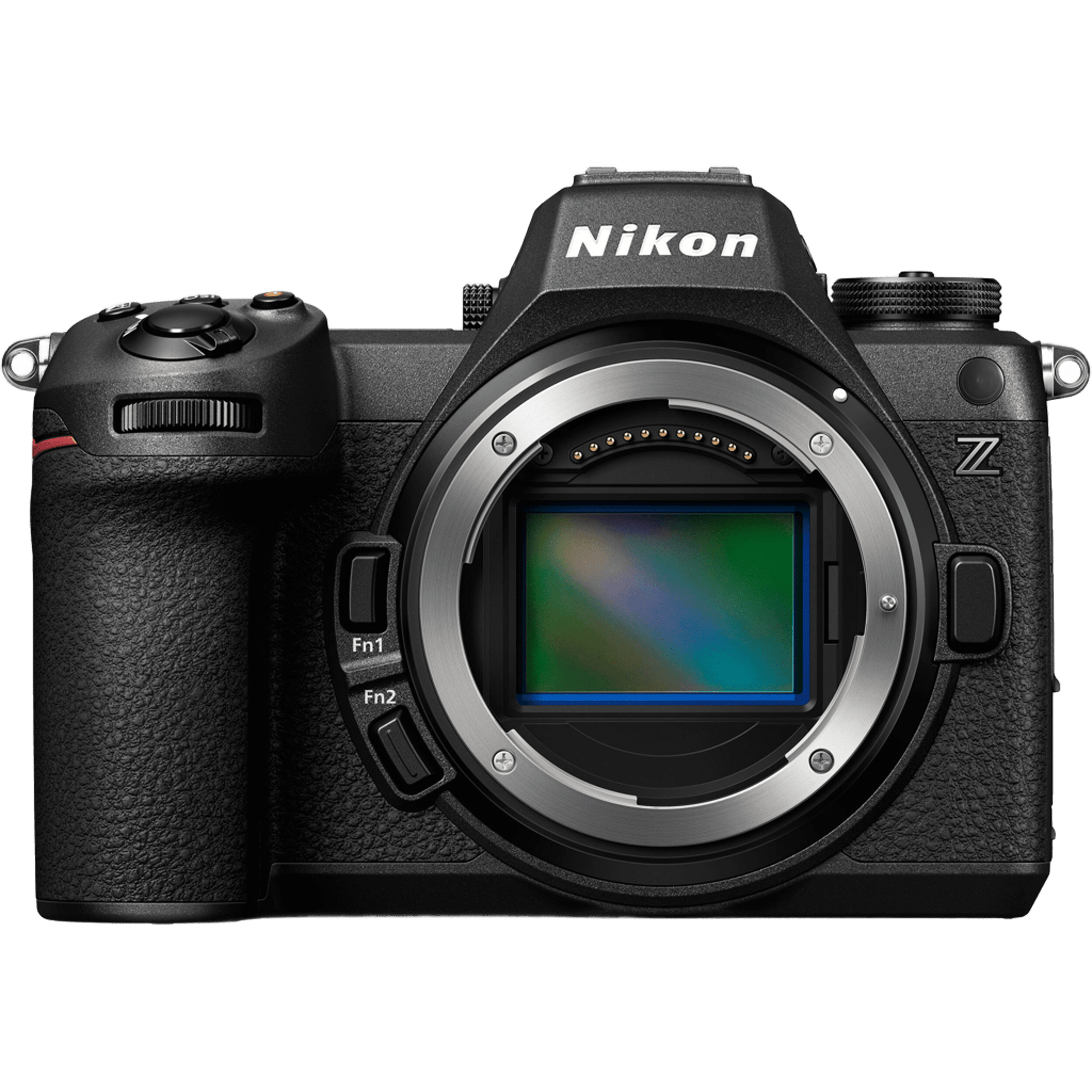 Nikon Z-series mirrorless camera body in black, shown from the front with the lens removed, revealing the sensor and silver lens mount against a white background.