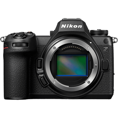 Nikon Z-series mirrorless camera body in black, shown from the front with the lens removed, revealing the sensor and silver lens mount against a white background.