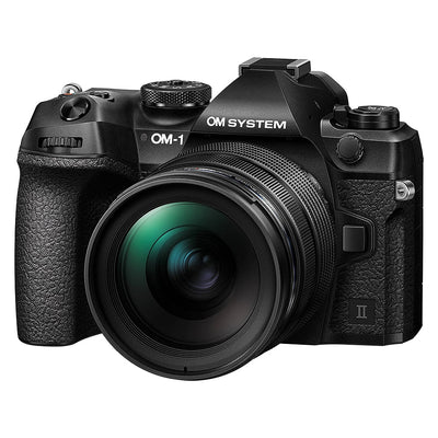 OM System OM-1 Mark II mirrorless camera with 20MP stacked BSI Live MOS sensor, TruePic X processor, paired with versatile 12-40mm Pro II lens, 5-axis IBIS with 8.5 EV, 4K 60p video, and advanced AI autofocus.