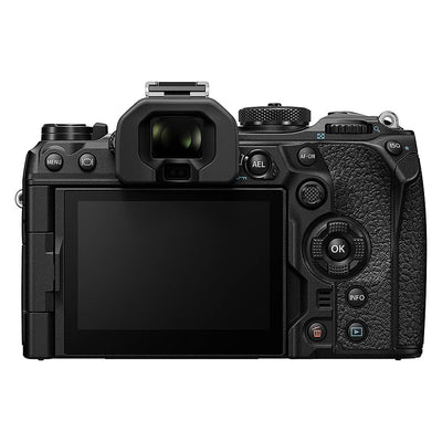 OM System OM-1 Mark II mirrorless camera with 20MP stacked BSI Live MOS sensor, TruePic X processor, paired with versatile 12-40mm Pro II lens, 5-axis IBIS with 8.5 EV, 4K 60p video, and advanced AI autofocus.
