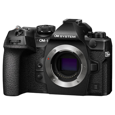 OM System OM-1 Mark II mirrorless camera with 20MP stacked BSI Live MOS sensor, TruePic X processor, 5-axis IBIS with 8.5 EV stops, 50 fps continuous shooting, 4K 60p video, and advanced AI autofocus.
