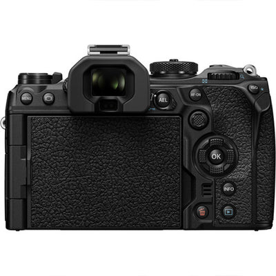 OM System OM-1 mirrorless camera with 20MP stacked BSI Live MOS sensor, TruePic X processor, 5-axis IBIS delivering up to 8 stops, 120fps EVF, 4K 60p video, and rugged IP53 weather-sealed body.