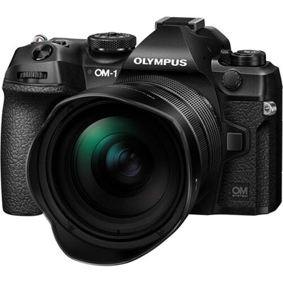 OM System OM-1 mirrorless camera with 20MP stacked BSI Live MOS sensor, TruePic X processor, paired with bright 12-40mm f/2.8 Pro II weather-sealed zoom lens, 5-axis IBIS, 4K 60p video, and fast autofocus.