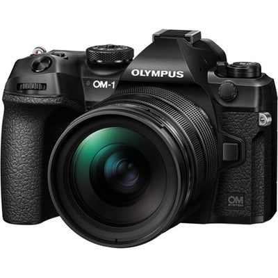 OM System OM-1 mirrorless camera with 20MP stacked BSI Live MOS sensor, TruePic X processor, paired with bright 12-40mm f/2.8 Pro II weather-sealed zoom lens, 5-axis IBIS, 4K 60p video, and fast autofocus.