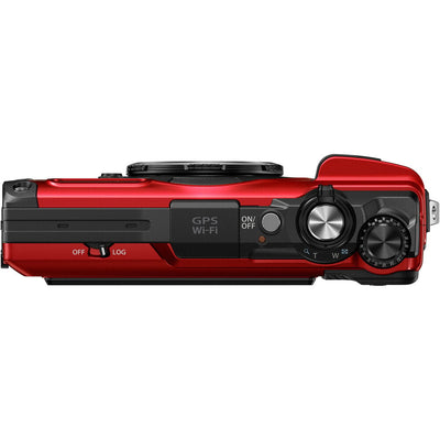 Olympus Tough TG‑7 rugged compact camera in red, featuring a rubberized weatherproof body, built-in lens cover, and durable design that's waterproof, shockproof, freeze-proof, and crush-proof for outdoor adventures.