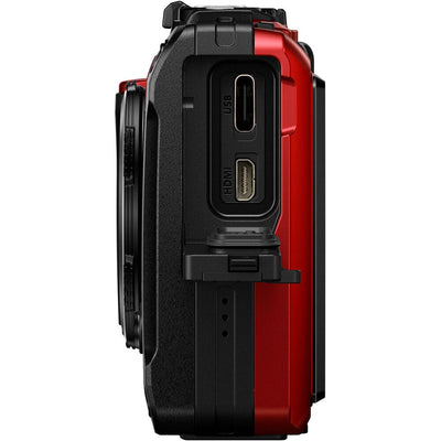 Olympus Tough TG‑7 rugged compact camera in red, featuring a rubberized weatherproof body, built-in lens cover, and durable design that's waterproof, shockproof, freeze-proof, and crush-proof for outdoor adventures.