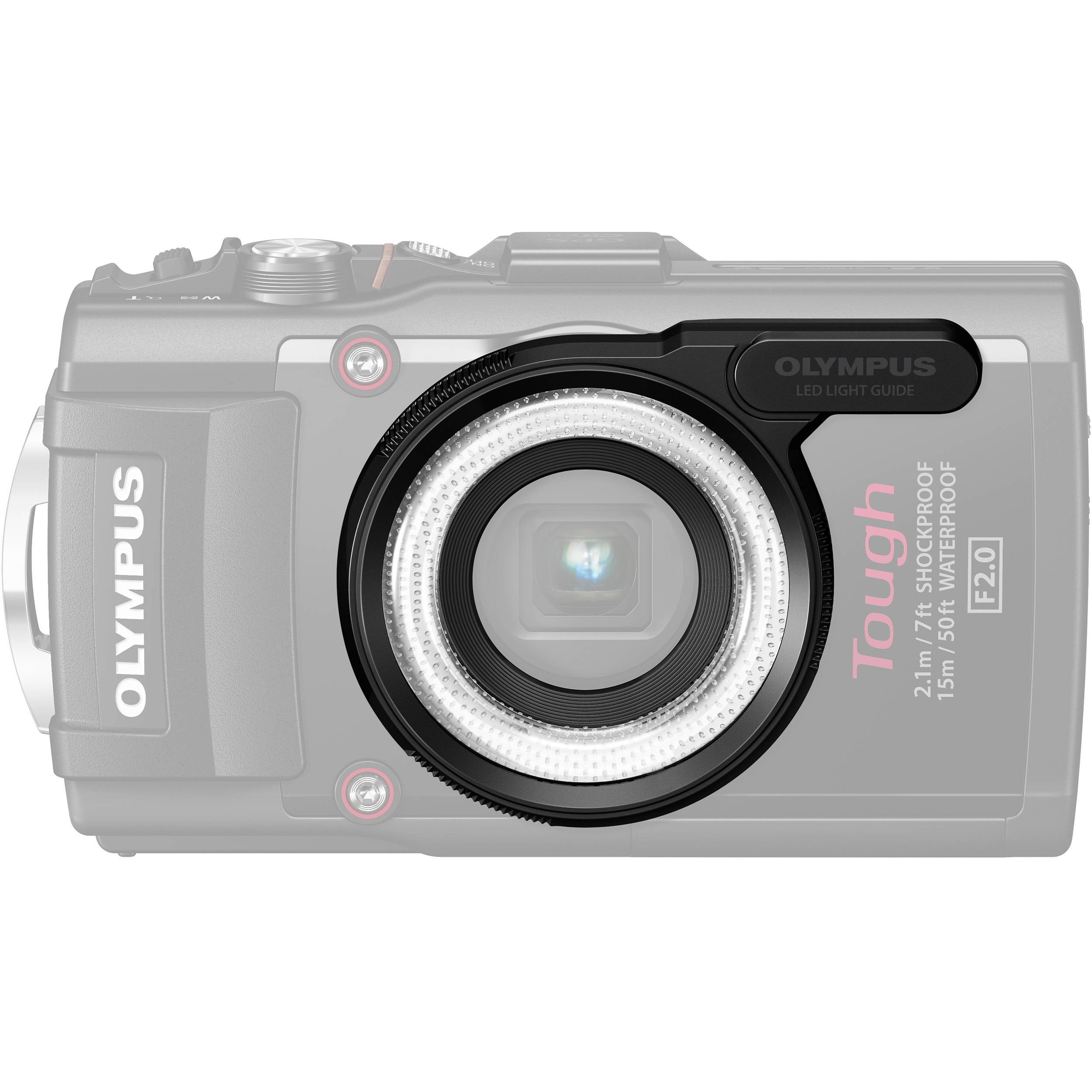 OM SYSTEM LG-1 LED Macro Ring Light on TG camera for shadow-free macro photography.