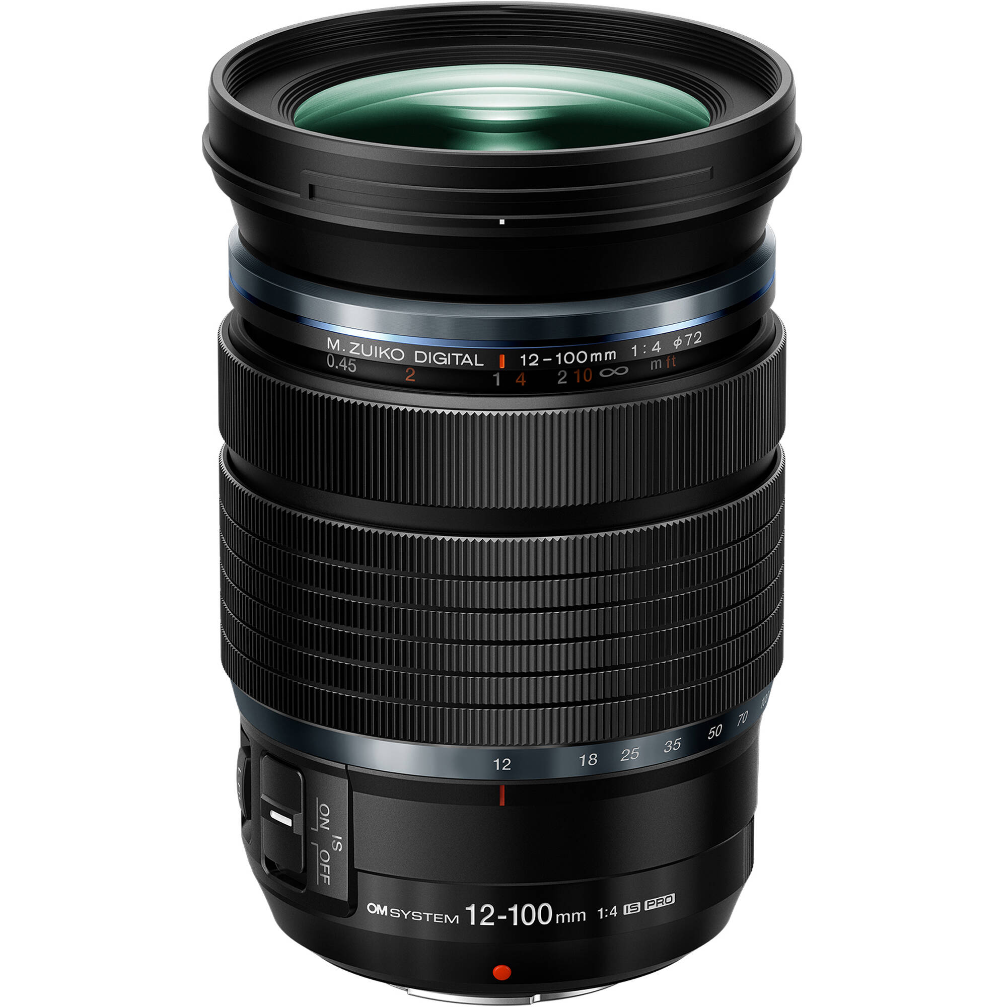 OM SYSTEM M.Zuiko Digital ED 12-100mm f/4.0 IS PRO Lens for Micro Four Thirds, high-magnification zoom with optical stabilisation, weather-sealed build, and smooth MSC autofocus.