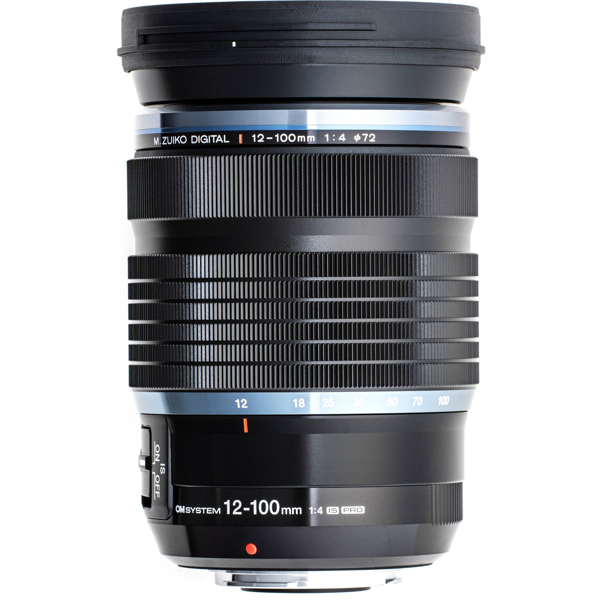 OM SYSTEM M.Zuiko Digital ED 12-100mm f/4.0 IS PRO Lens for Micro Four Thirds, high-magnification zoom with optical stabilisation, weather-sealed build, and smooth MSC autofocus.