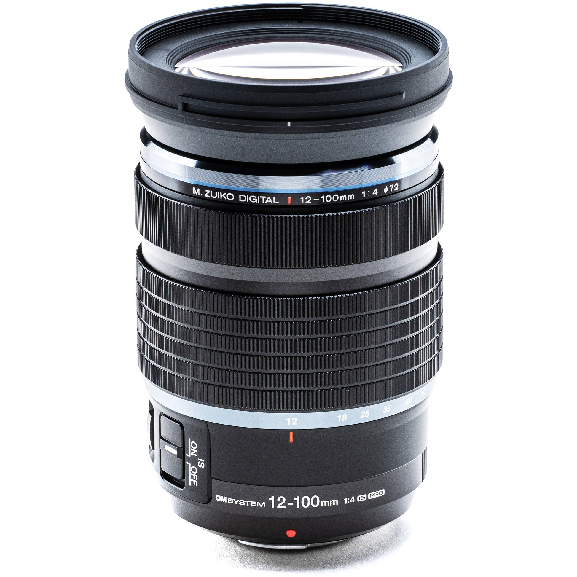 OM SYSTEM M.Zuiko Digital ED 12-100mm f/4.0 IS PRO Lens for Micro Four Thirds, high-magnification zoom with optical stabilisation, weather-sealed build, and smooth MSC autofocus.