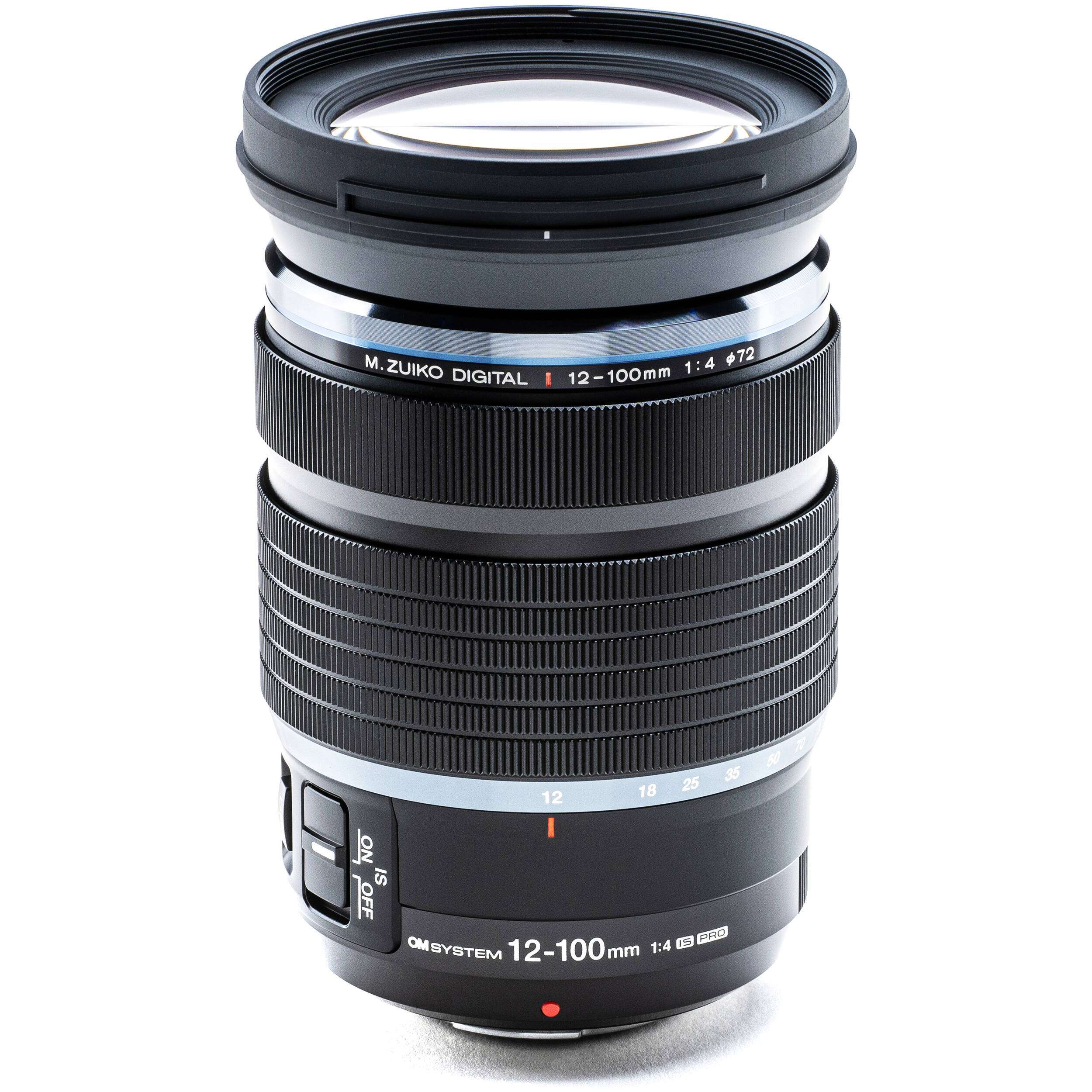 OM SYSTEM M.Zuiko Digital ED 12-100mm f/4.0 IS PRO Lens for Micro Four Thirds, high-magnification zoom with optical stabilisation, weather-sealed build, and smooth MSC autofocus.