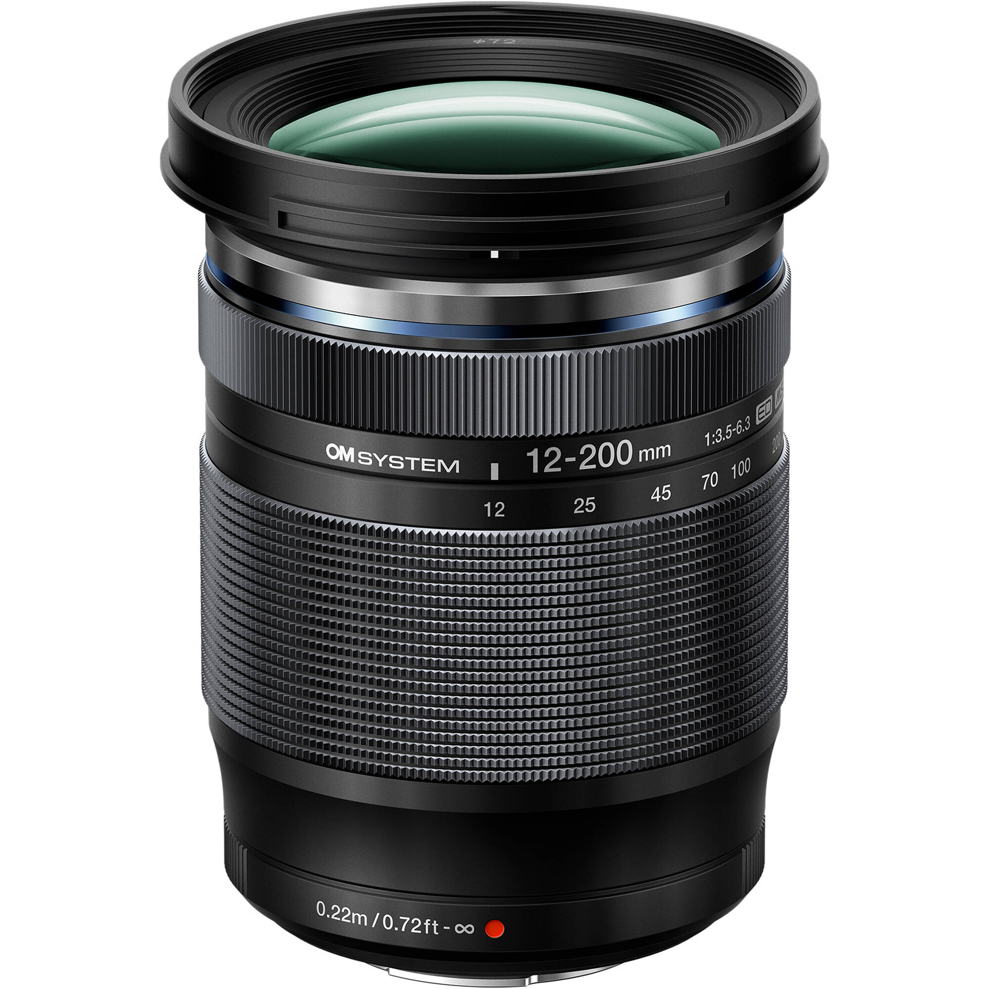 OM SYSTEM 12-200mm f/3.5-6.3 mirrorless lens showing full zoom range, compact design, and weather-sealed build.