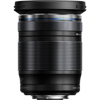 OM SYSTEM 12-200mm f/3.5-6.3 mirrorless lens showing full zoom range, compact design, and weather-sealed build.