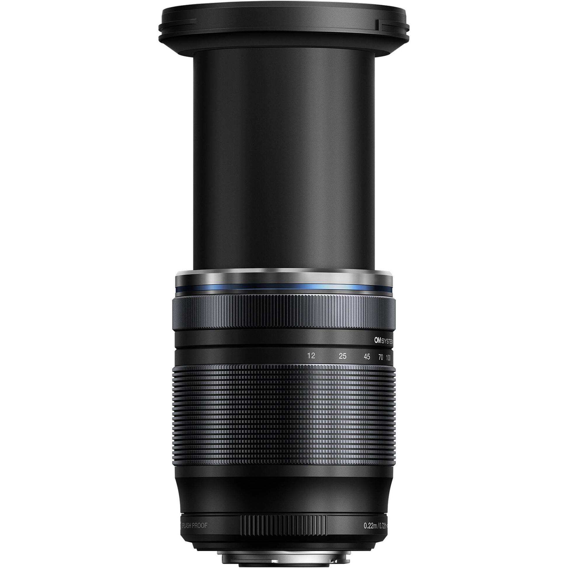OM SYSTEM 12-200mm f/3.5-6.3 mirrorless lens showing full zoom range, compact design, and weather-sealed build.