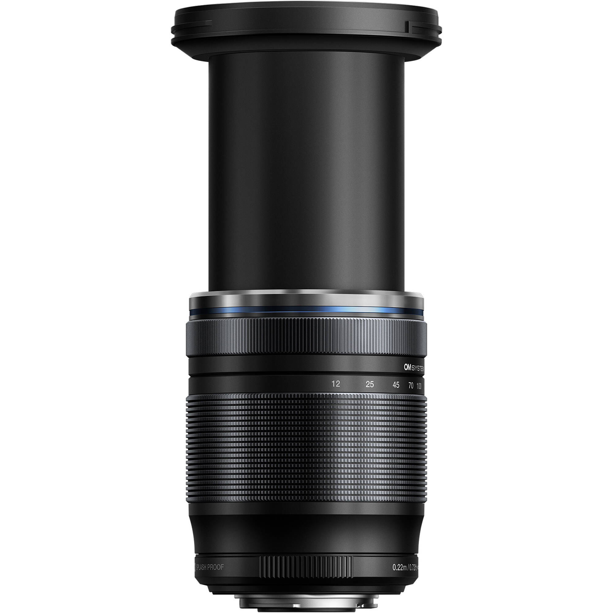 OM SYSTEM 12-200mm f/3.5-6.3 mirrorless lens showing full zoom range, compact design, and weather-sealed build.