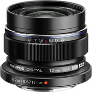 M.Zuiko Digital ED 12mm f/2 wide-angle prime lens for Micro Four Thirds cameras, shown on a mirrorless camera body.