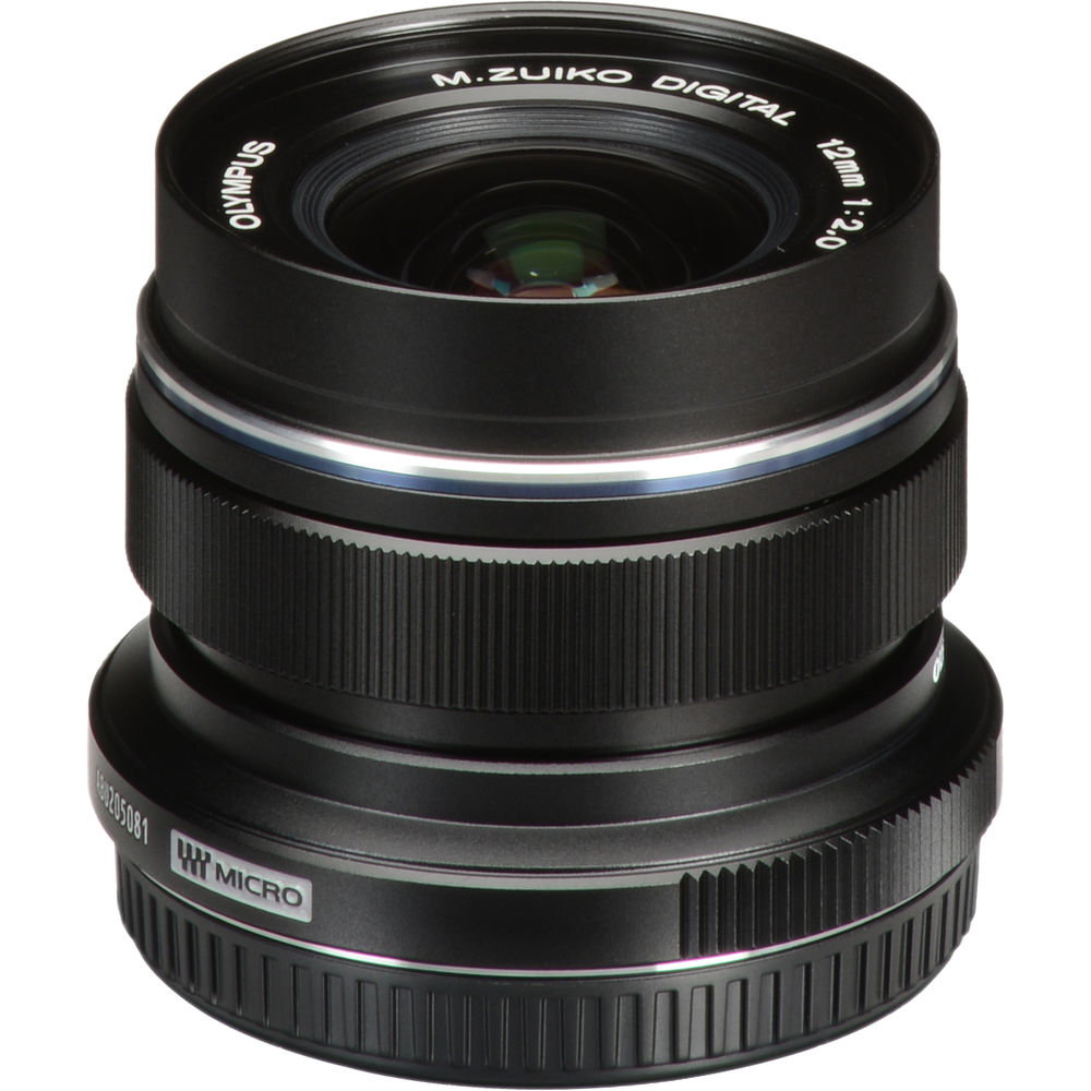 M.Zuiko Digital ED 12mm f/2 wide-angle prime lens for Micro Four Thirds cameras, shown on a mirrorless camera body.