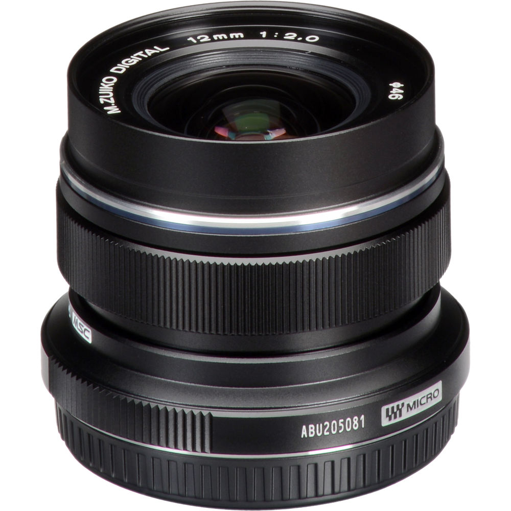 M.Zuiko Digital ED 12mm f/2 wide-angle prime lens for Micro Four Thirds cameras, shown on a mirrorless camera body.
