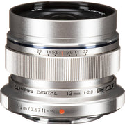 M.Zuiko Digital ED 12mm f/2 wide-angle prime lens for Micro Four Thirds cameras, shown on a mirrorless camera body.
