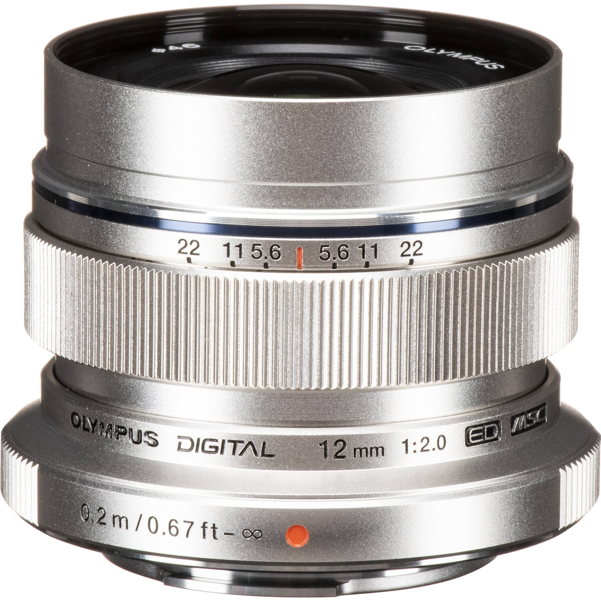 M.Zuiko Digital ED 12mm f/2 wide-angle prime lens for Micro Four Thirds cameras, shown on a mirrorless camera body.
