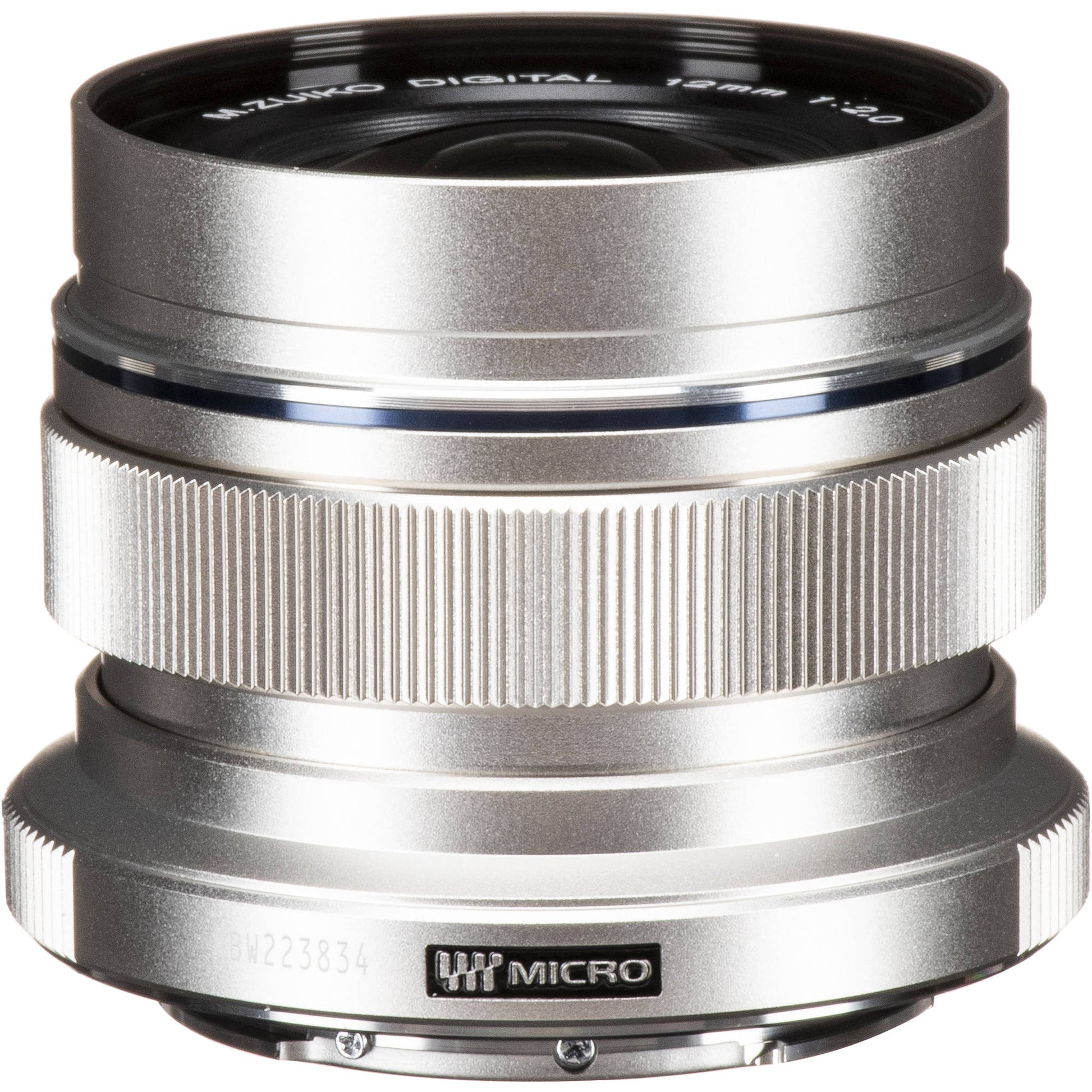 M.Zuiko Digital ED 12mm f/2 wide-angle prime lens for Micro Four Thirds cameras, shown on a mirrorless camera body.
