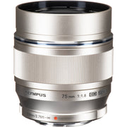 OM SYSTEM 75mm f/1.8 silver portrait lens for Micro Four Thirds, 150mm equivalent, lightweight metal build with fast autofocus and bright aperture for sharp, low-light portraits.