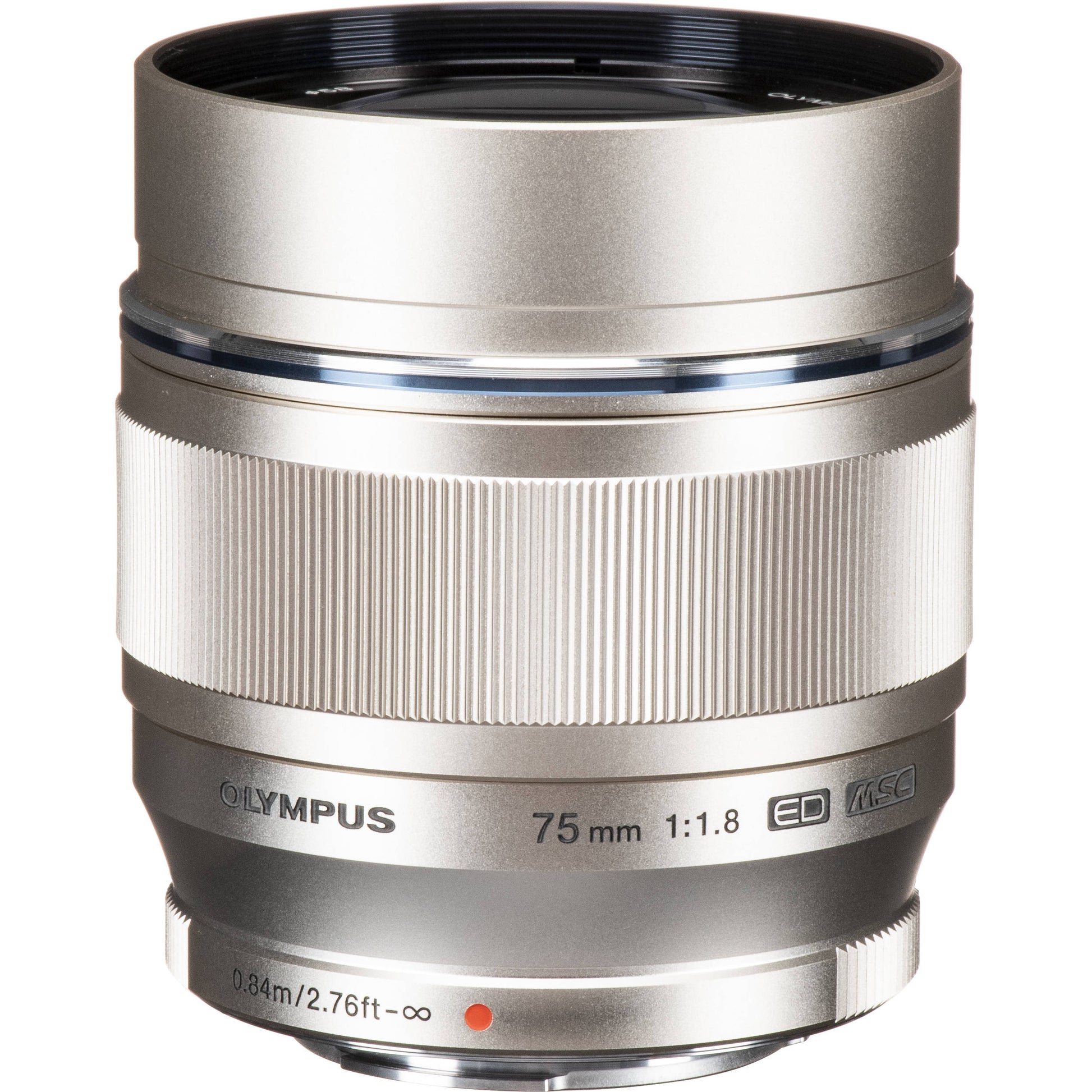 OM SYSTEM 75mm f/1.8 silver portrait lens for Micro Four Thirds, 150mm equivalent, lightweight metal build with fast autofocus and bright aperture for sharp, low-light portraits.