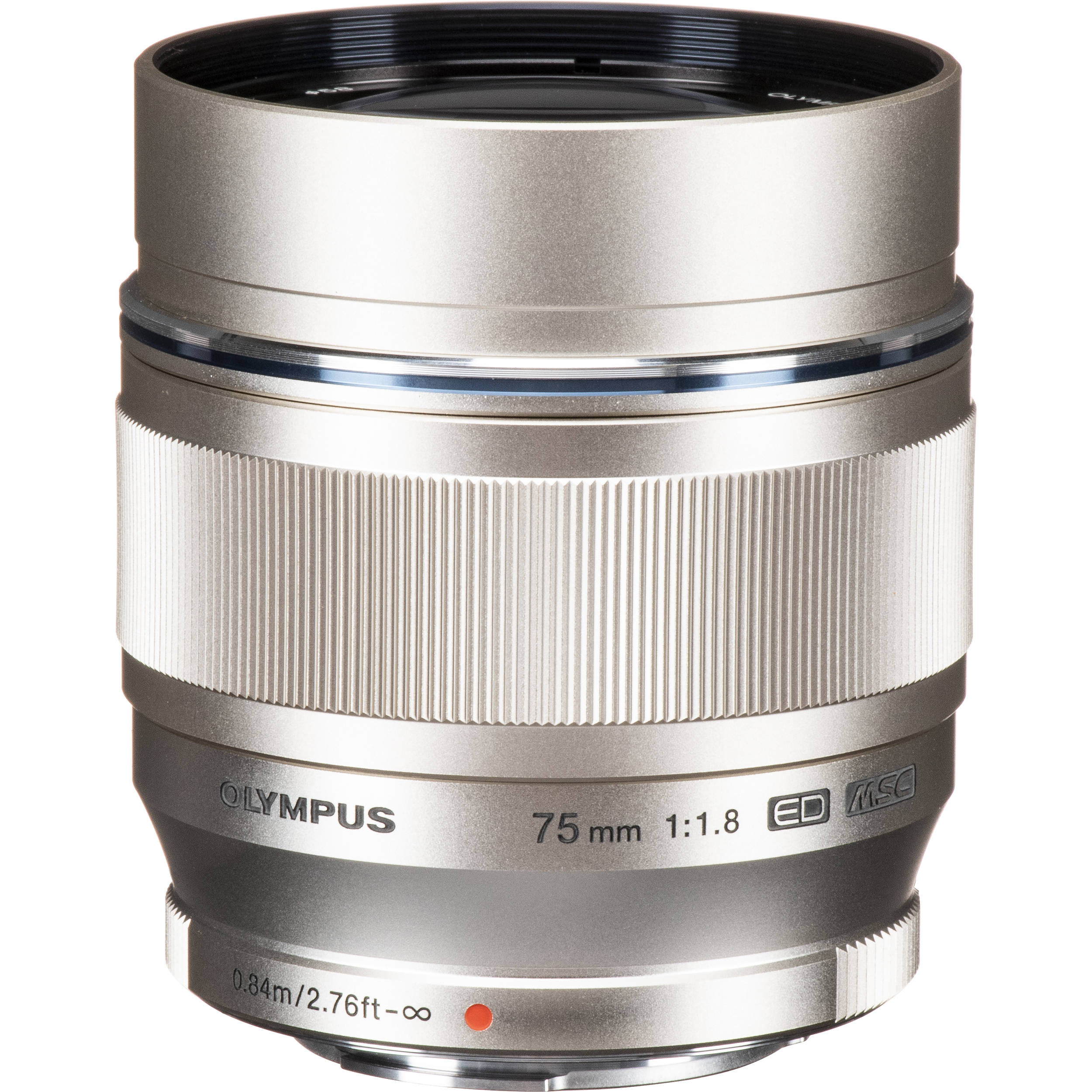 OM SYSTEM 75mm f/1.8 silver portrait lens for Micro Four Thirds, 150mm equivalent, lightweight metal build with fast autofocus and bright aperture for sharp, low-light portraits.