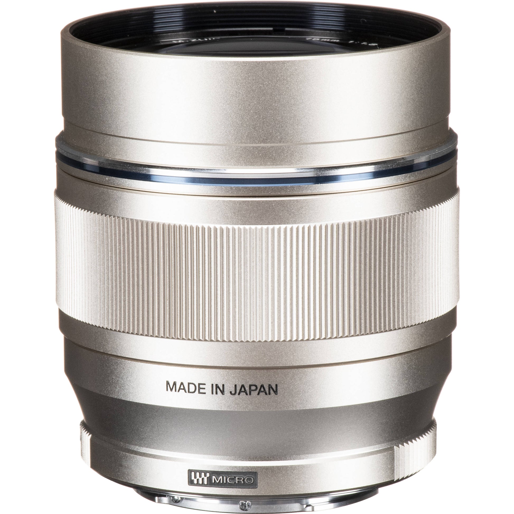 OM SYSTEM 75mm f/1.8 silver portrait lens for Micro Four Thirds, 150mm equivalent, lightweight metal build with fast autofocus and bright aperture for sharp, low-light portraits.