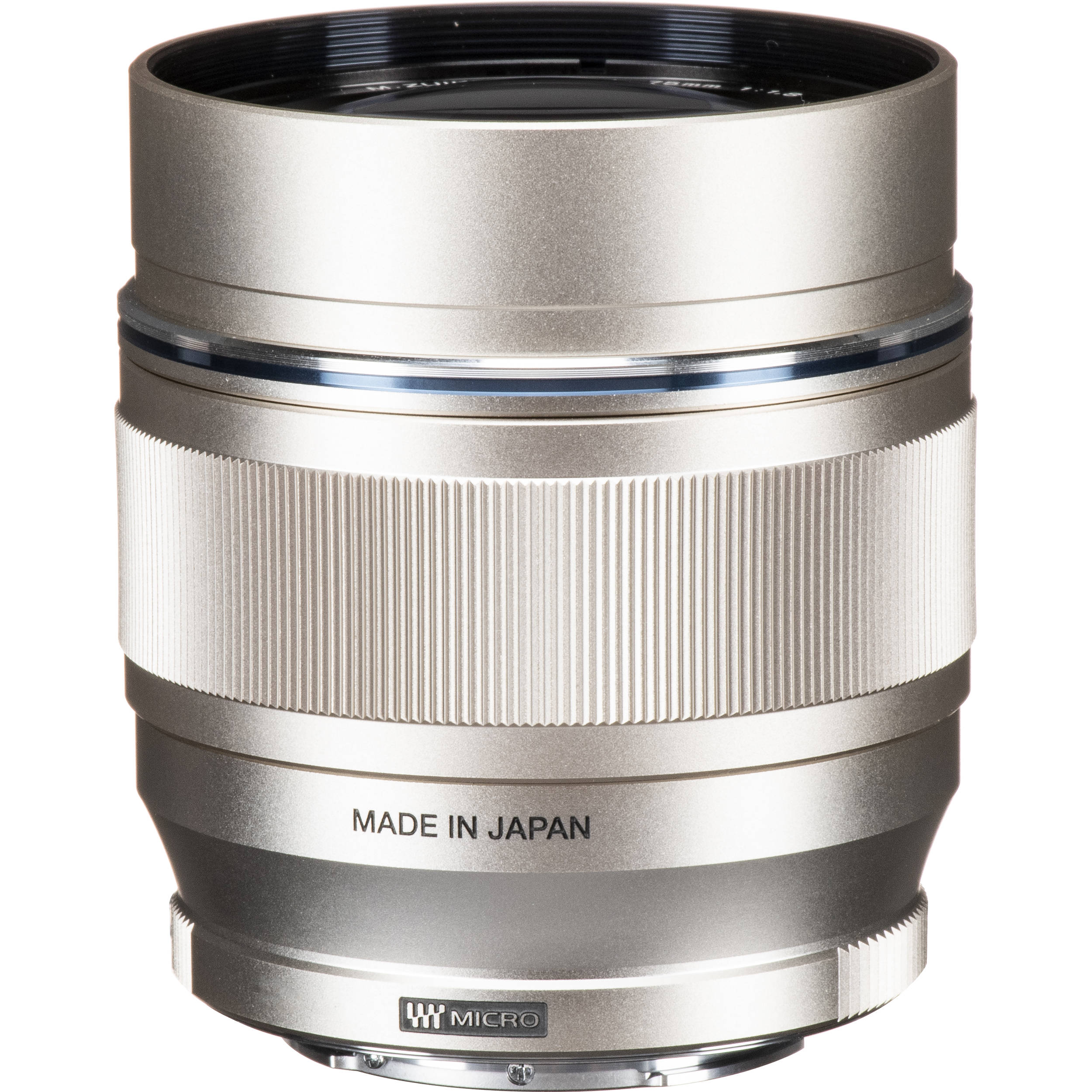 OM SYSTEM 75mm f/1.8 silver portrait lens for Micro Four Thirds, 150mm equivalent, lightweight metal build with fast autofocus and bright aperture for sharp, low-light portraits.