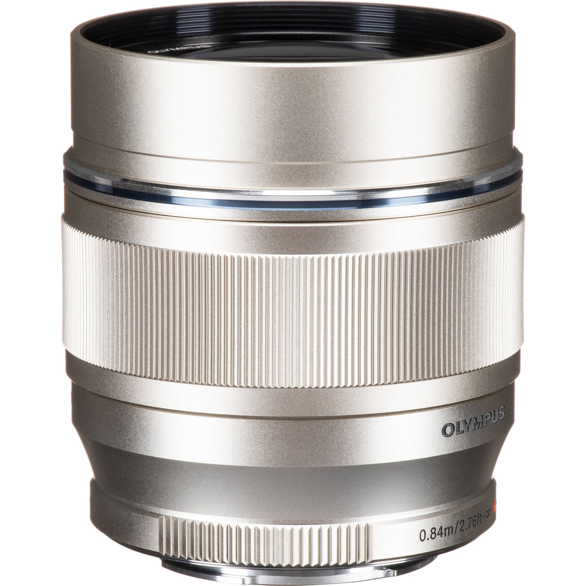 OM SYSTEM 75mm f/1.8 silver portrait lens for Micro Four Thirds, 150mm equivalent, lightweight metal build with fast autofocus and bright aperture for sharp, low-light portraits.