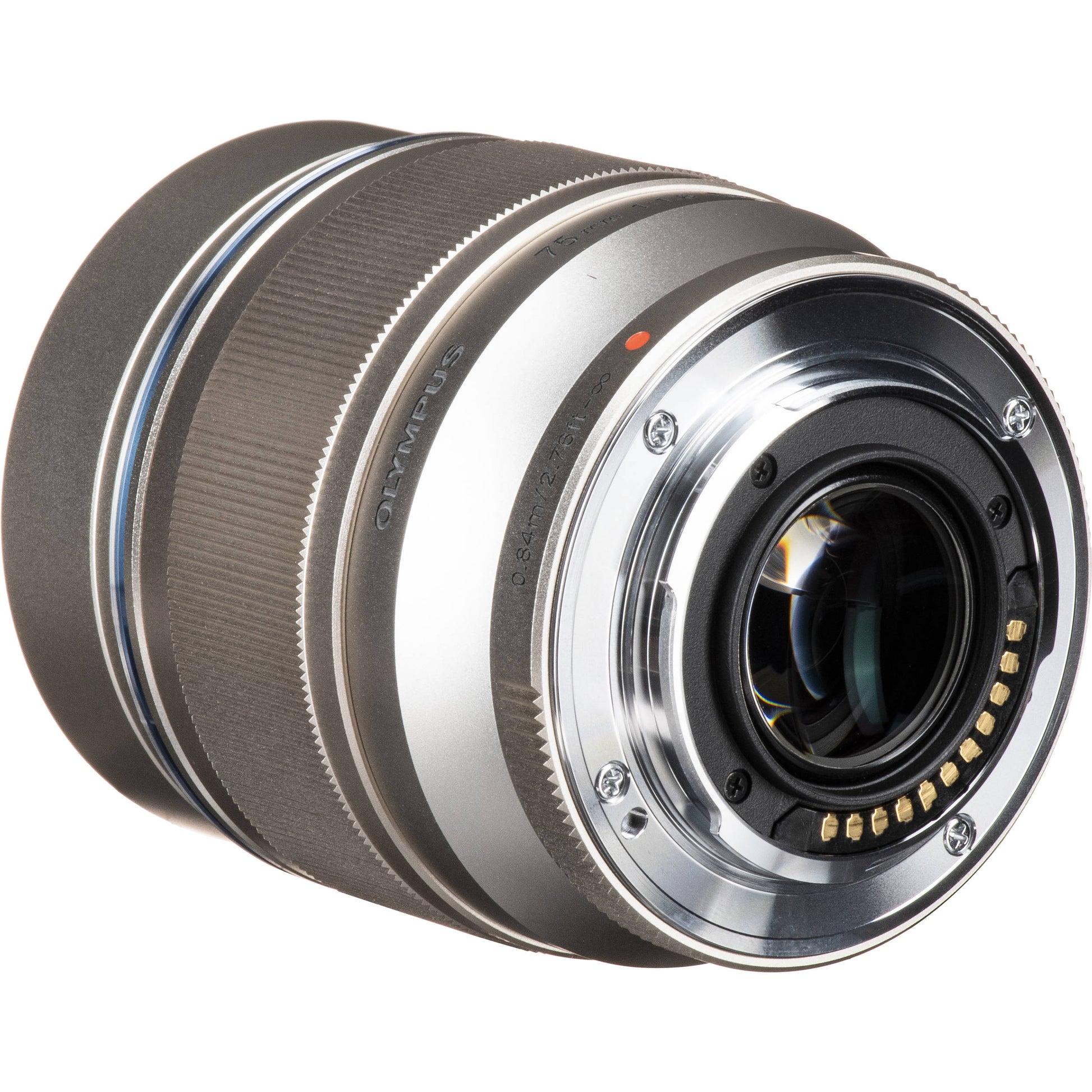 OM SYSTEM 75mm f/1.8 silver portrait lens for Micro Four Thirds, 150mm equivalent, lightweight metal build with fast autofocus and bright aperture for sharp, low-light portraits.