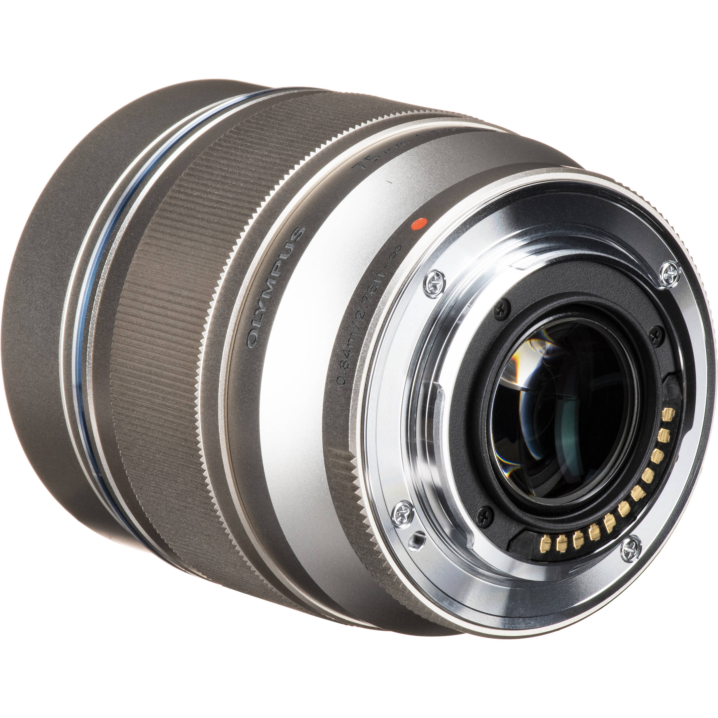 OM SYSTEM 75mm f/1.8 silver portrait lens for Micro Four Thirds, 150mm equivalent, lightweight metal build with fast autofocus and bright aperture for sharp, low-light portraits.