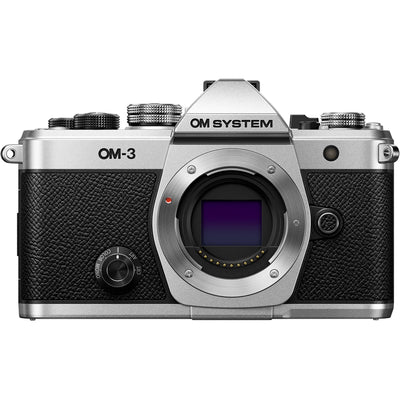 OM System OM-3 mirrorless camera with 20MP stacked BSI Live MOS sensor, TruePic X processor, 1053-point Quad Pixel AF covering 100% frame, up to 50 fps continuous AF burst, 4K 60p video, IP53 weather sealing, and 3-inch vari-angle touchscreen.