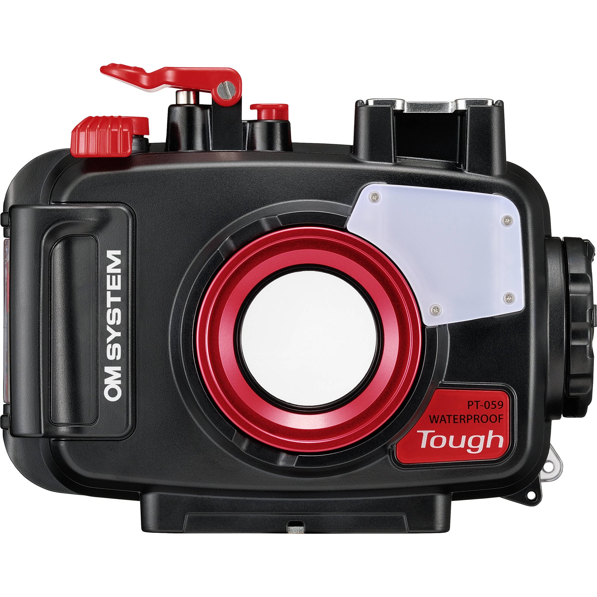 Olympus TG-6/7 camera inside black and red underwater housing with fibre-optic strobe and versatile mounting options