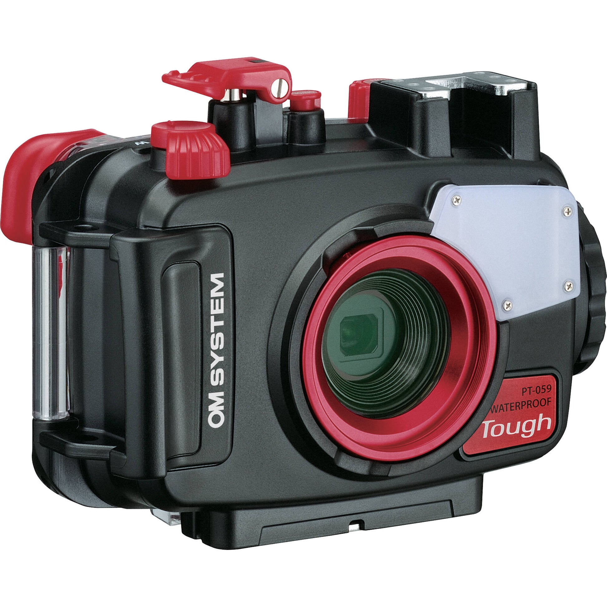 Olympus TG-6/7 camera inside black and red underwater housing with fibre-optic strobe and versatile mounting options