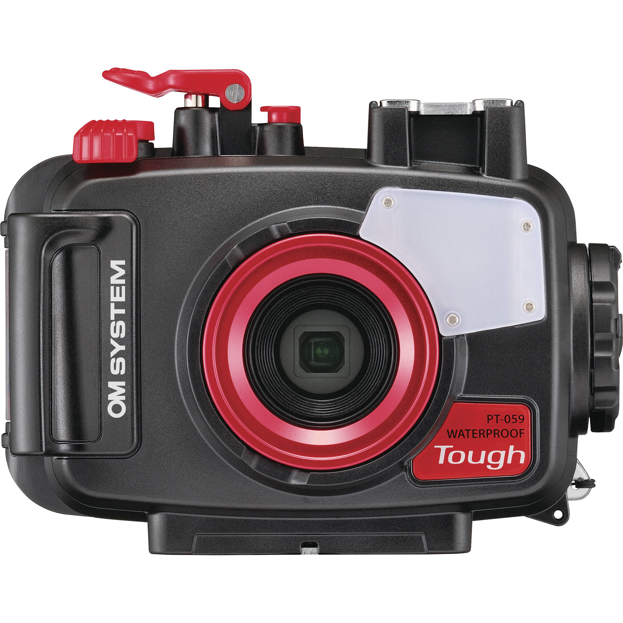 Olympus TG-6/7 camera inside black and red underwater housing with fibre-optic strobe and versatile mounting options