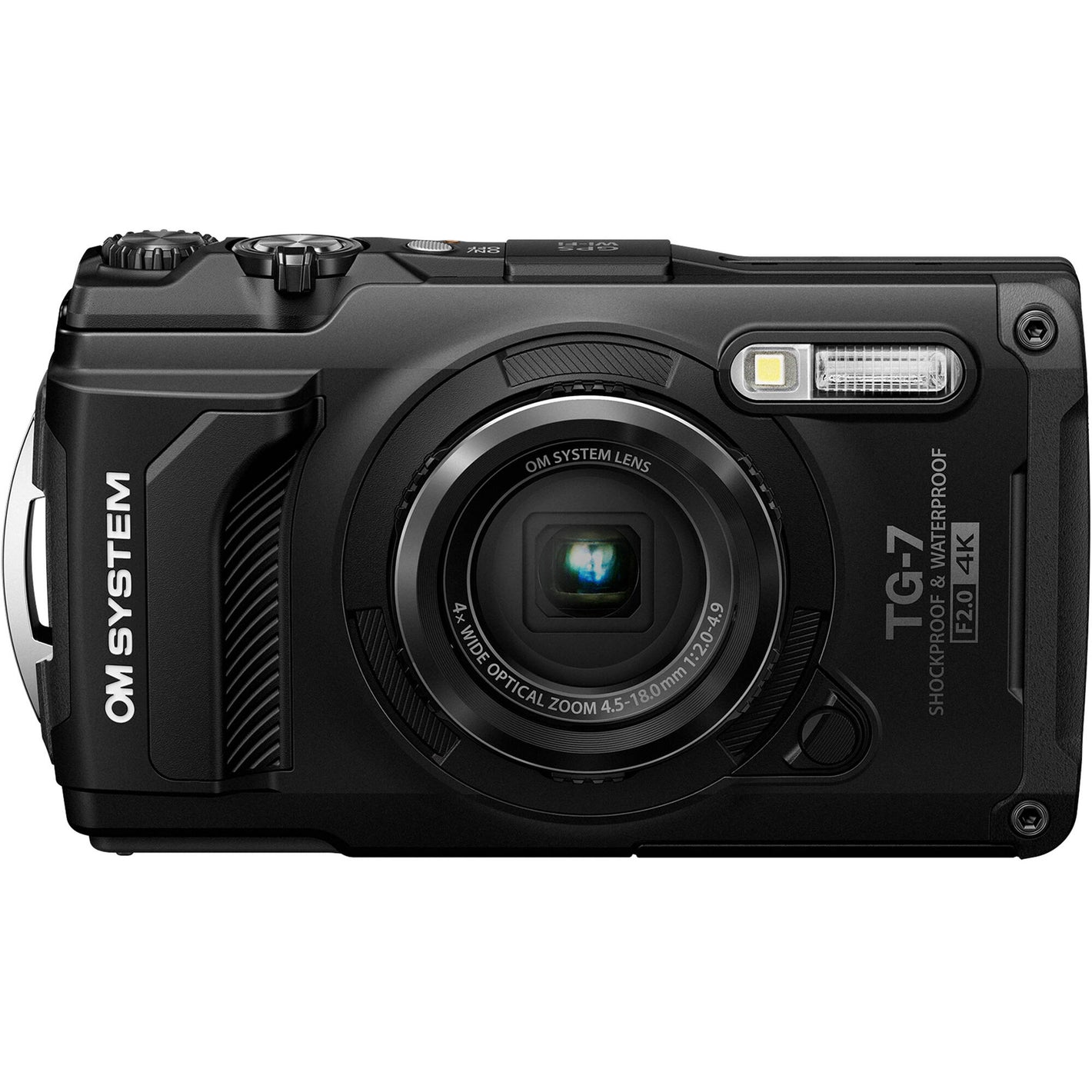 Olympus Tough TG‑7 rugged compact camera, featuring a rubberised weatherproof body, built-in lens cover, and durable design that's waterproof, shockproof, freeze-proof, and crush-proof for outdoor adventures.
