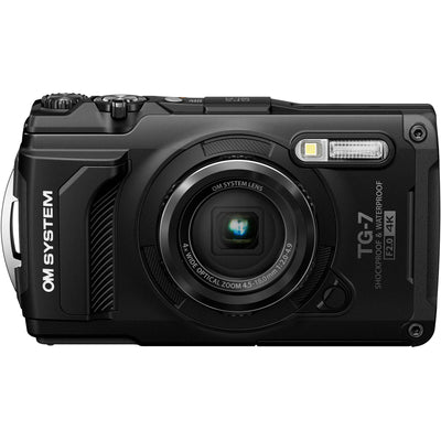 Olympus Tough TG‑7 rugged compact camera, featuring a rubberised weatherproof body, built-in lens cover, and durable design that's waterproof, shockproof, freeze-proof, and crush-proof for outdoor adventures.
